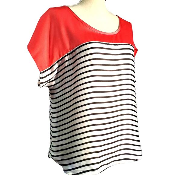 Boston Proper Coral & Black White Stripe Silky Top Size 6 Light Classic Chic - Picture 1 of 10